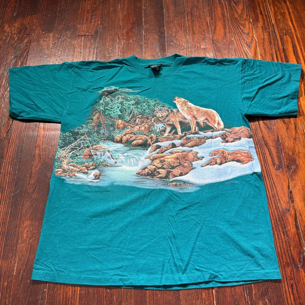 Vintage 90s Wolf Shirt Mens XL Teal Wrap Around Graphic Single Stitch Nature USA